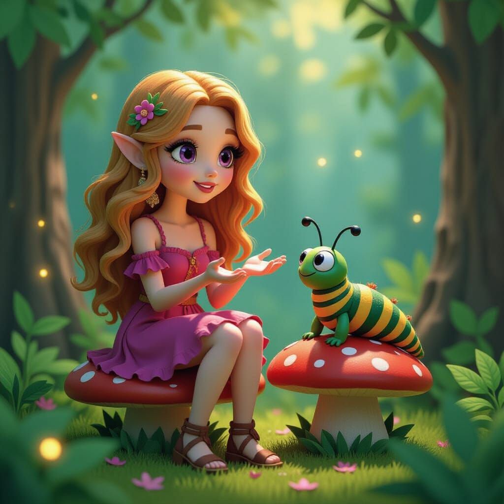 Fairy Core Paper Mache Scene of Woman Talking to Caterpillar