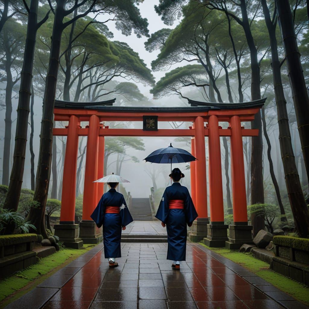Women in Kimonos Approach Traditional Japanese Torii Gates