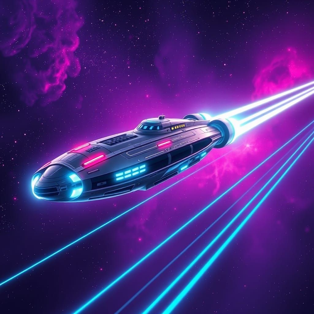 Retro-Futuristic Space Freighter in Synthwave Style