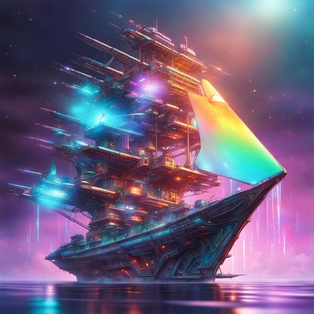 Holographic Starship Splash Art in Hyperrealistic Style