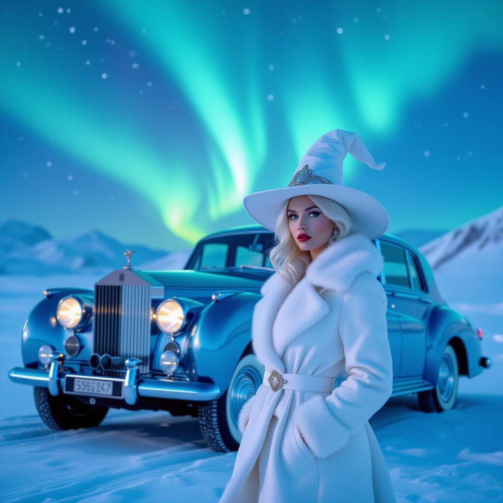 Aurora Borealis with Futuristic Car, in Digital Art Style