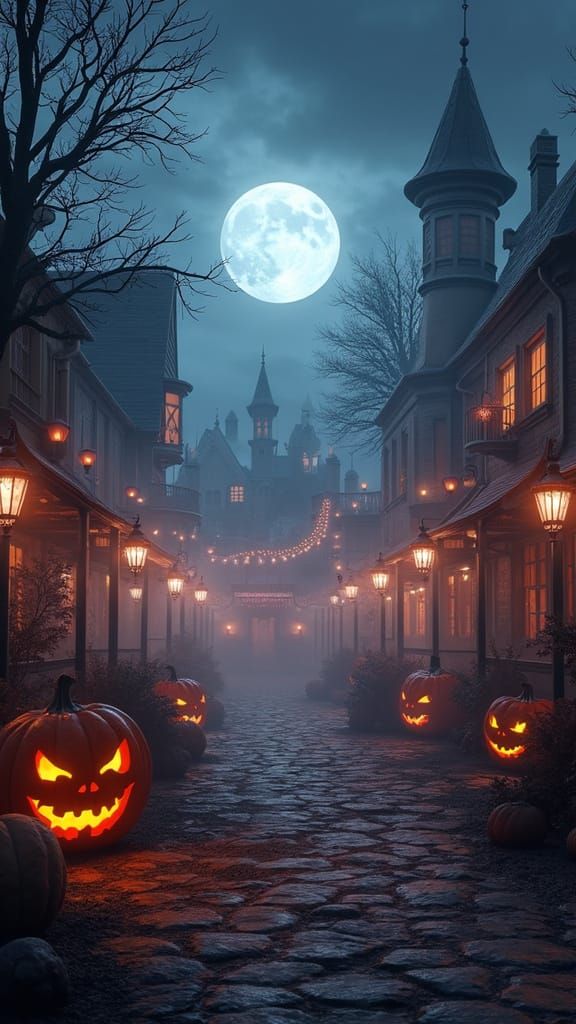 Spooky Halloween Amusement Park at Night Fantasy Art
