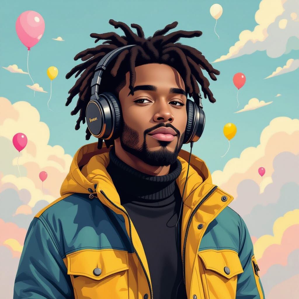 Vibrant Digital Art Portrait with Pastel Sky