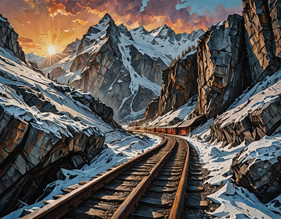 Surreal Acrylic Masterpiece Depicts a Railway in Sunset Glor...