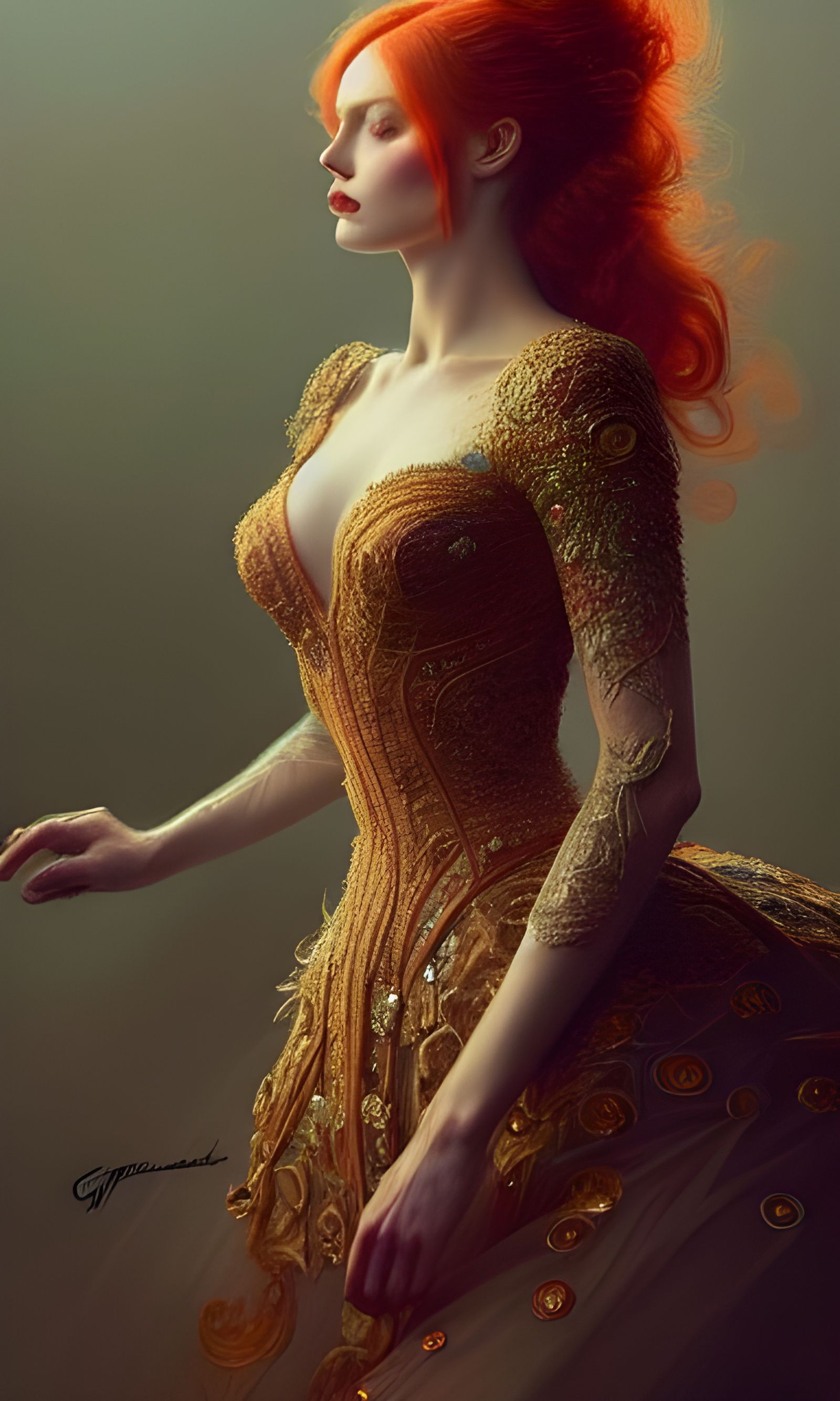 Redhead in Intricate Gown: Hyper-Detailed Digital Art