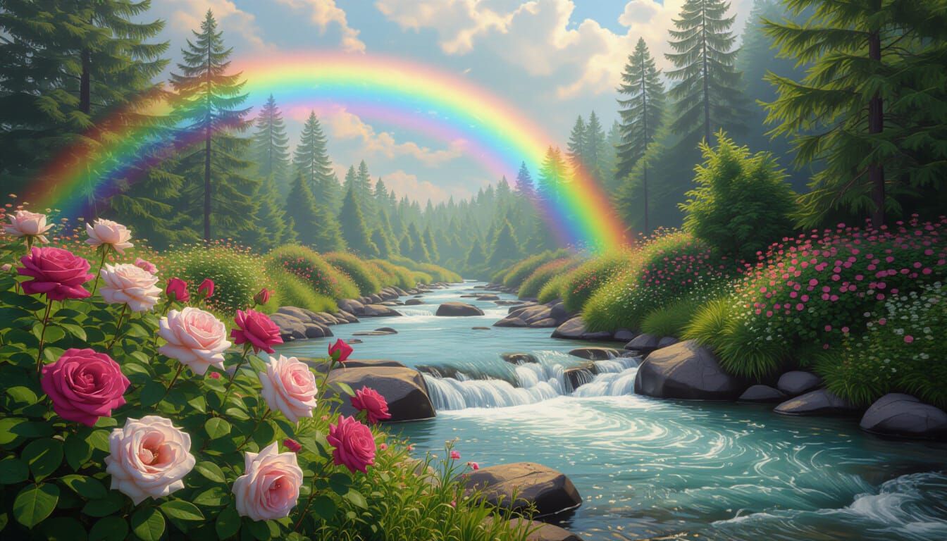 Radiant Roses by a Rushing River with Rainbow