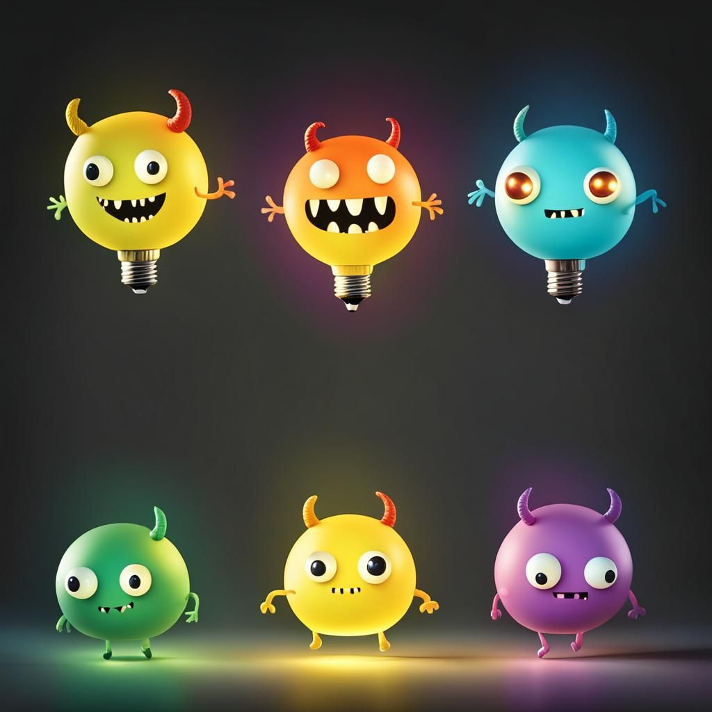 Cute Lightbulb Monsters Floating in Air Cartoon