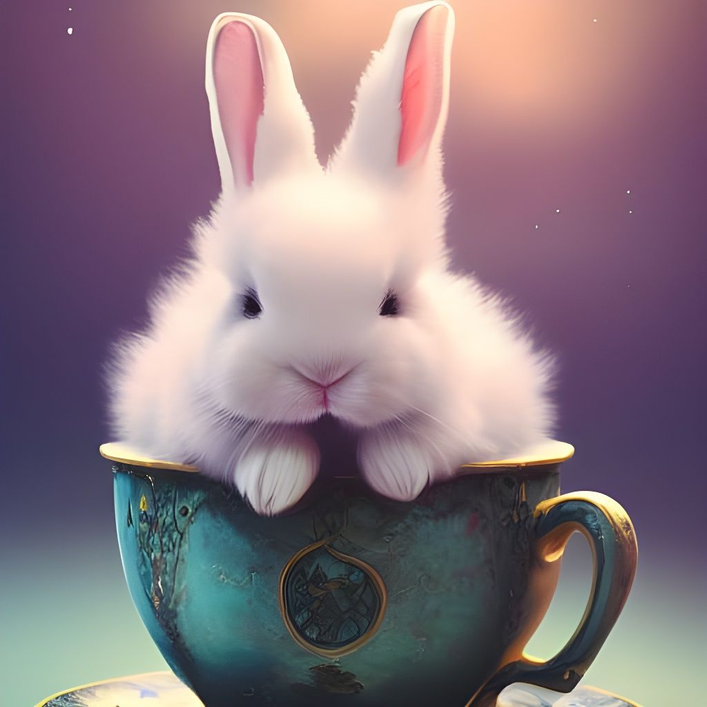 Cute Baby Bunny Sleeping in Teacup: Digital Art