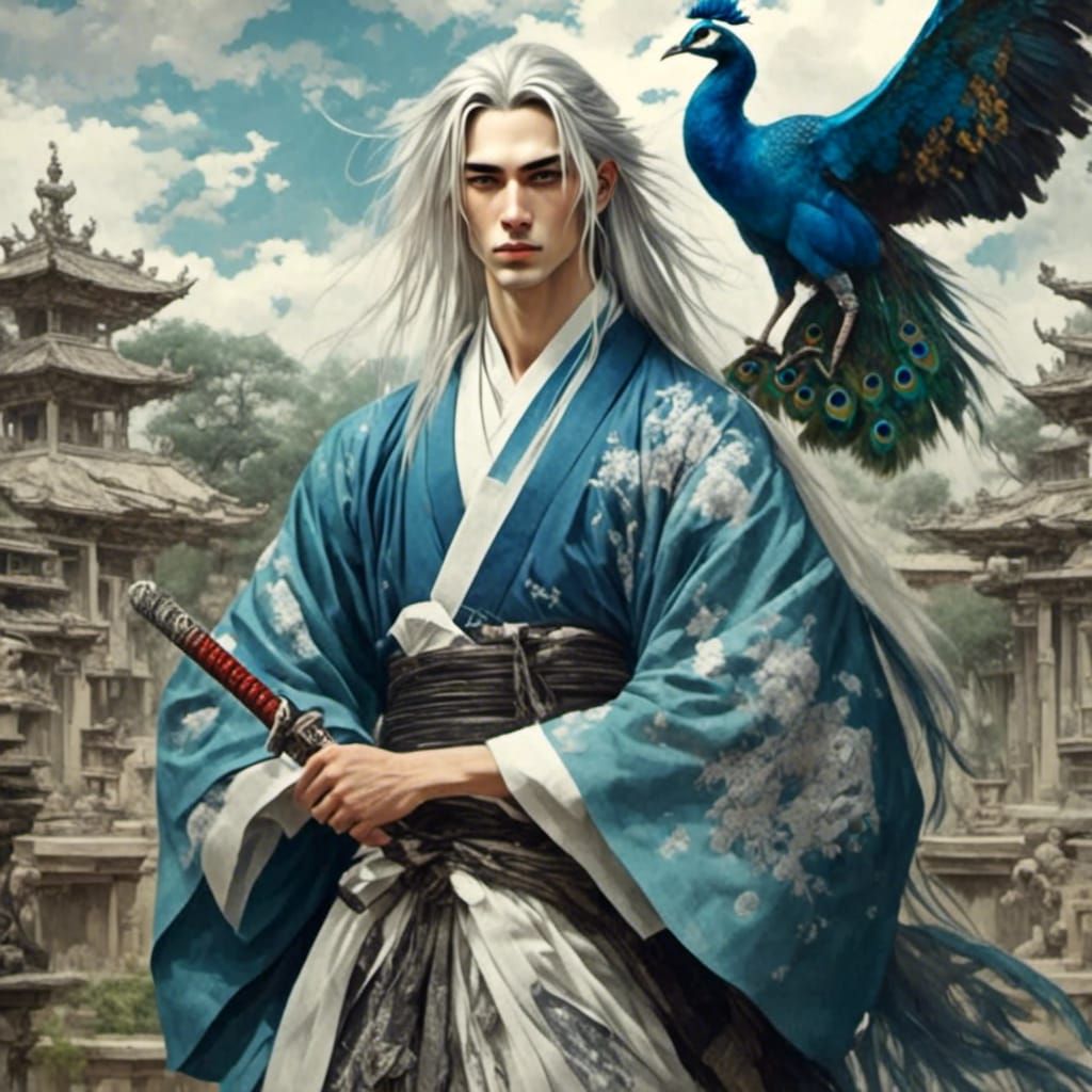 Handsome Samurai with Peacock Fan Art
