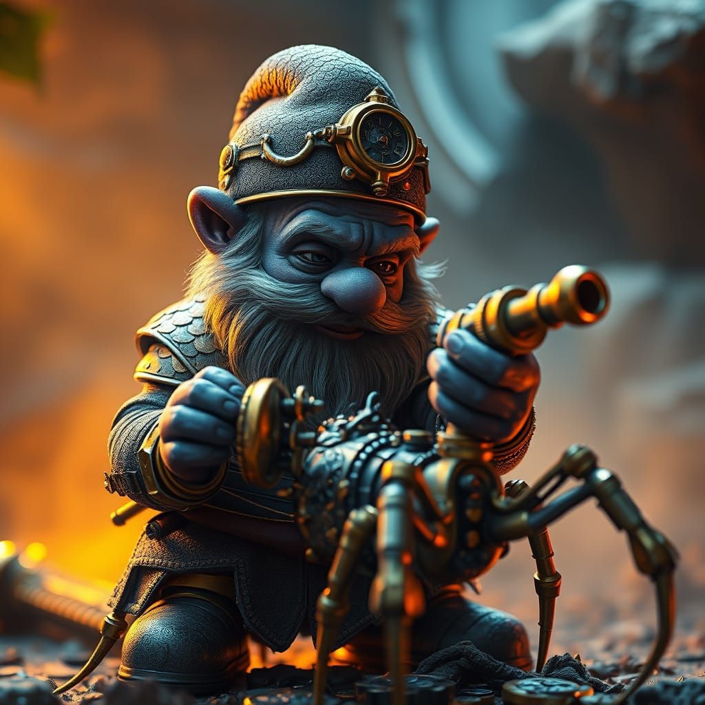 Smurf Steampunk Artificer Assembles Clockwork Canon in Golde...