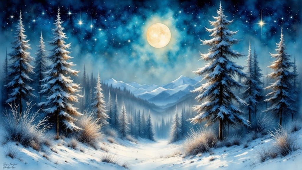 Van Gogh Inspired Winter Forest Under Full Moon