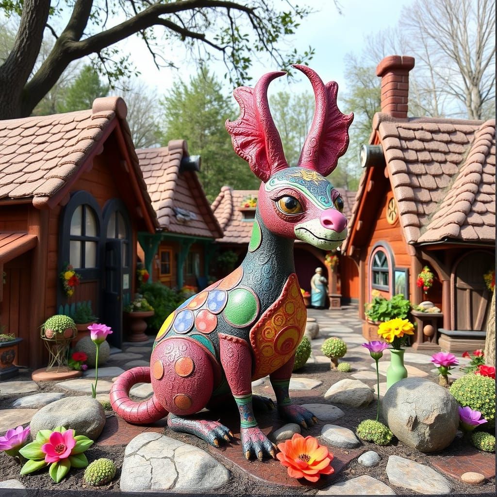 Colorful Alebrije in Whimsical Village Scene