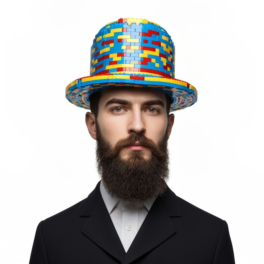 Victorian Man with Lego Hat in Detailed Photograph