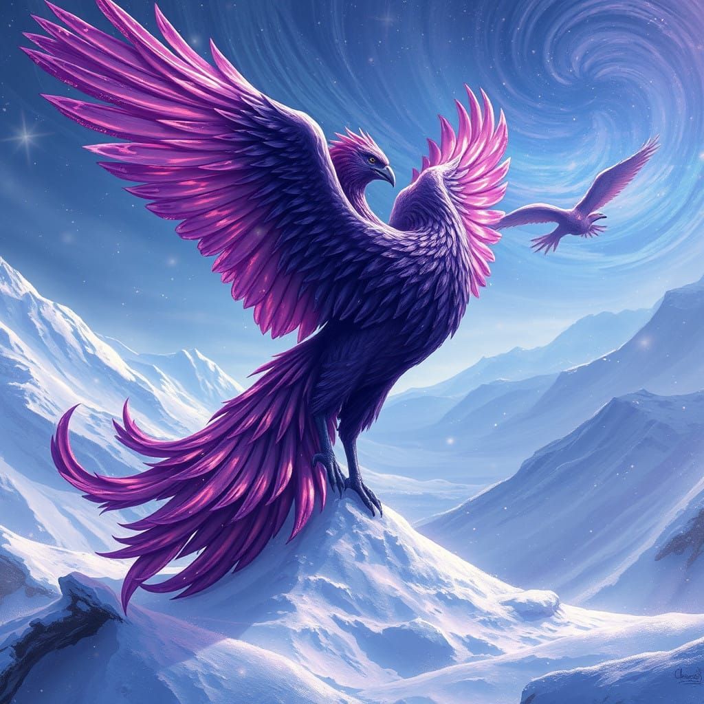 Majestic Purple Phoenix in Celestial Snowscape