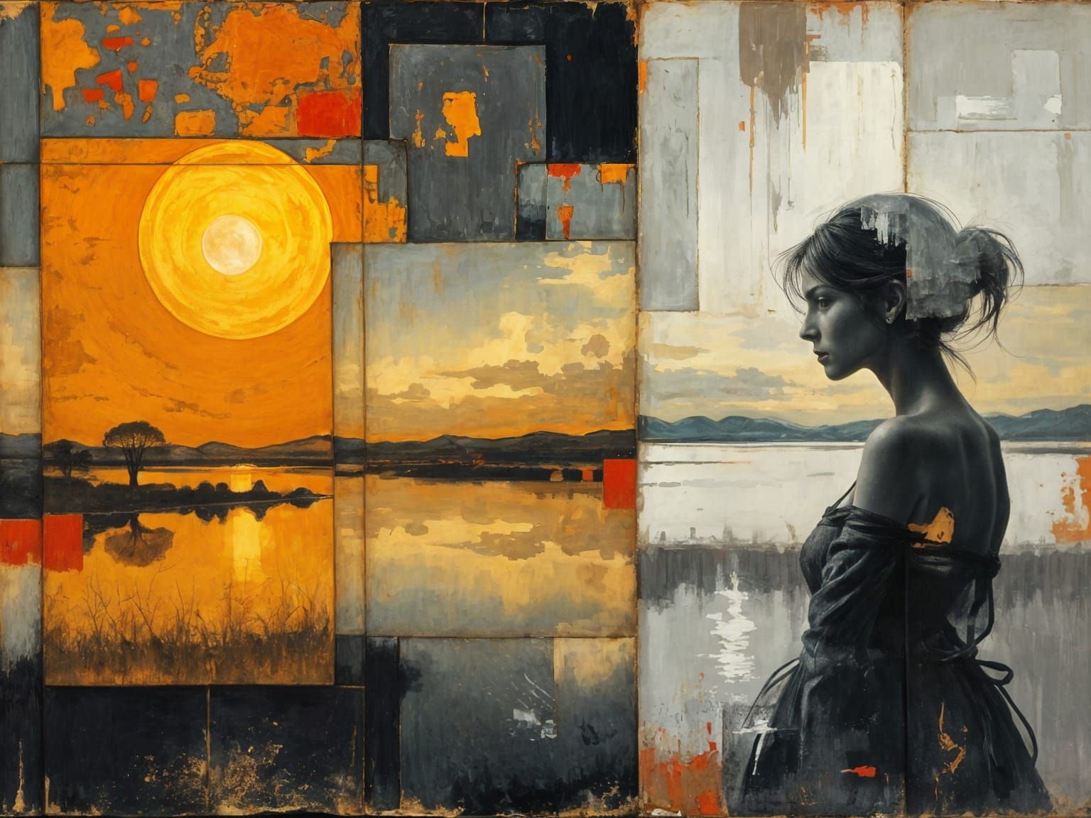 Metaphysical Painting of a Person in a Lake