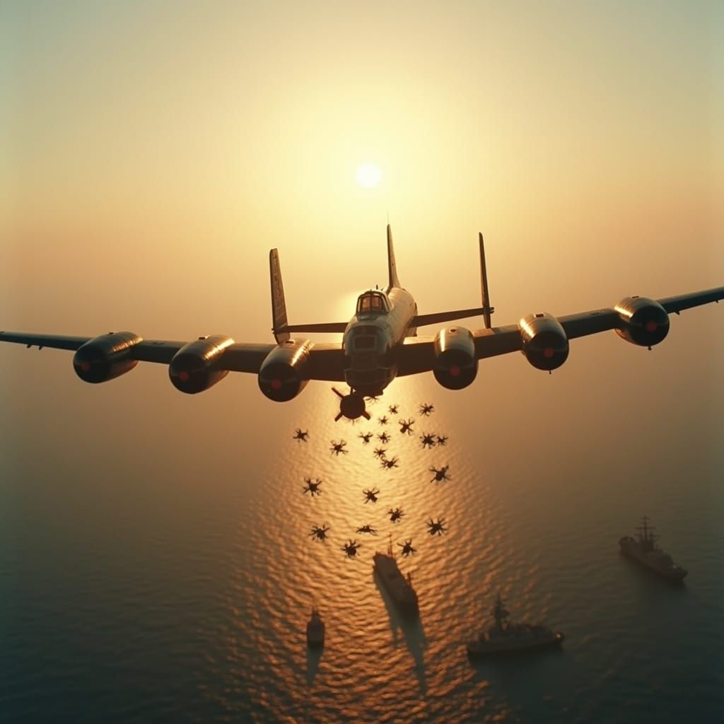WWII B-29 Bomber Over Japanese Harbor at Sunrise
