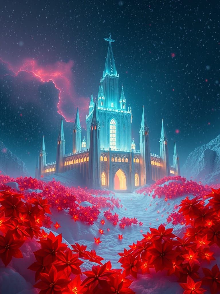 Ice Fortress in Blizzard of Glowing Origami Flowers