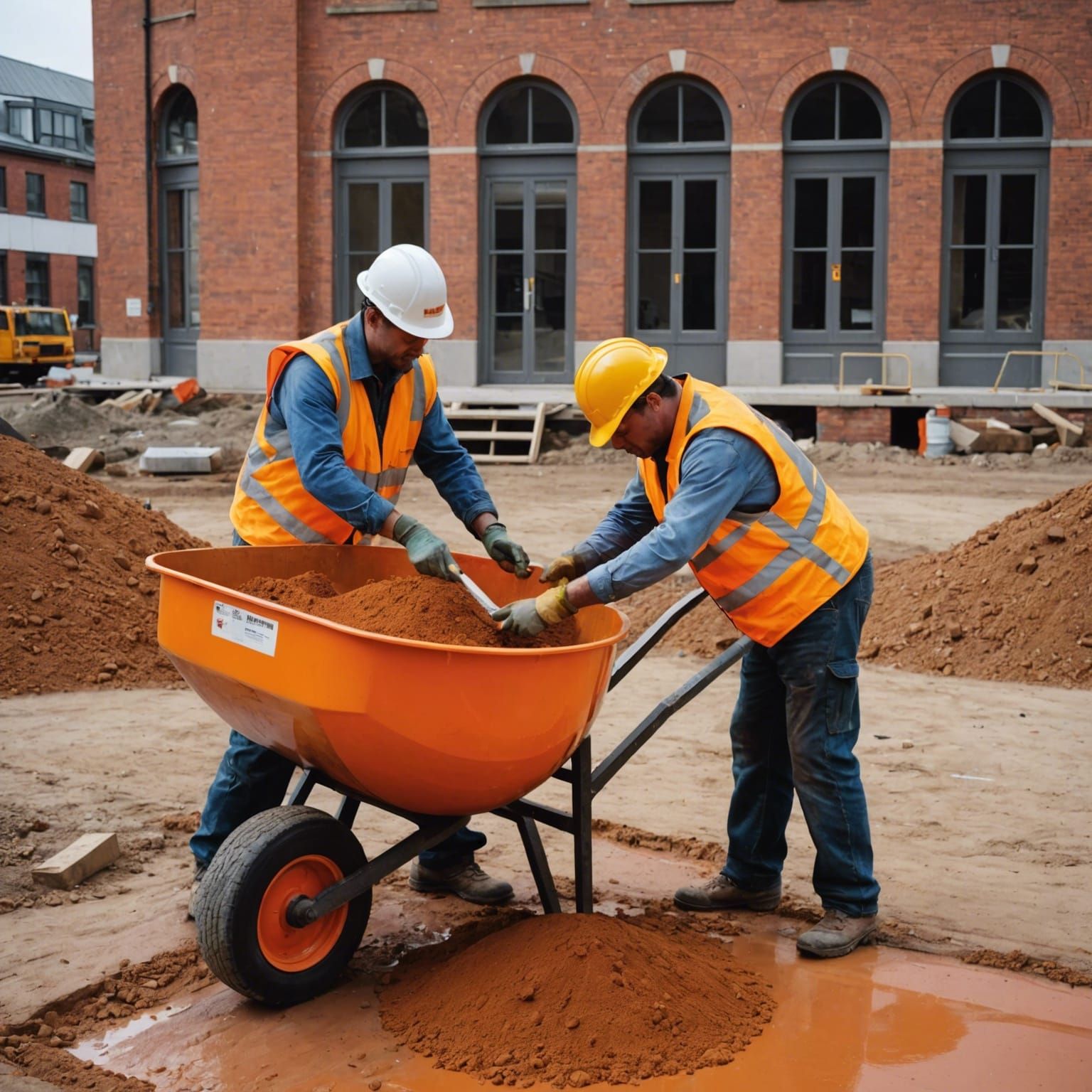 Construction Workers Pouring Mixture into Wheelbarrow