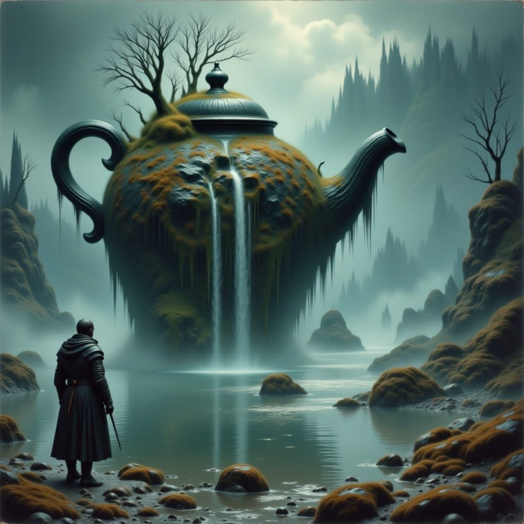 Knight Gazes at Giant Teapot Island in Misty Sea