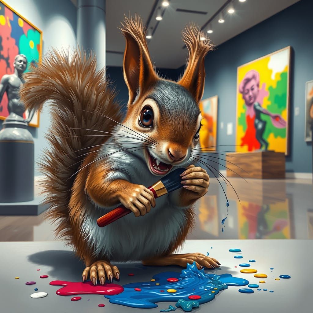 Squirrel's Artistic Adventure in a Modern Art Gallery