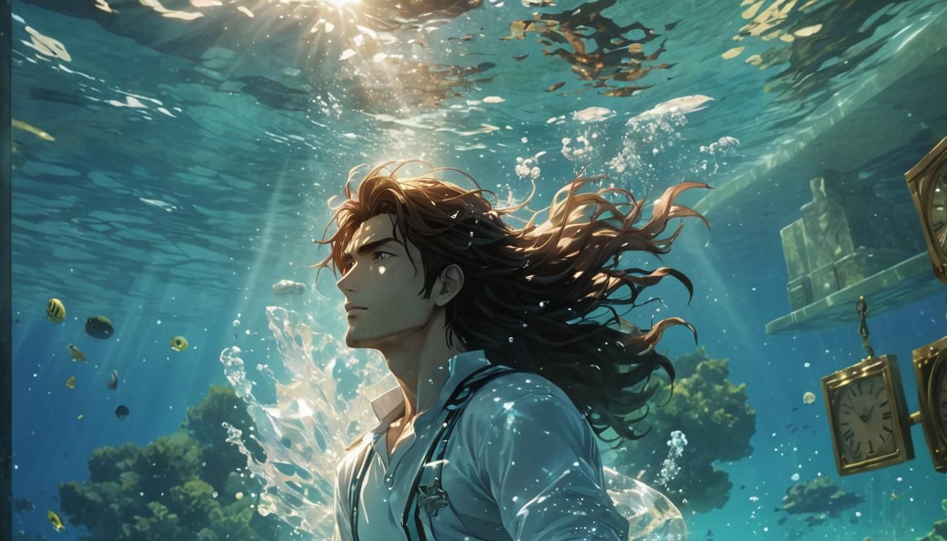 Anime Time King Floating Underwater in Crystal Light