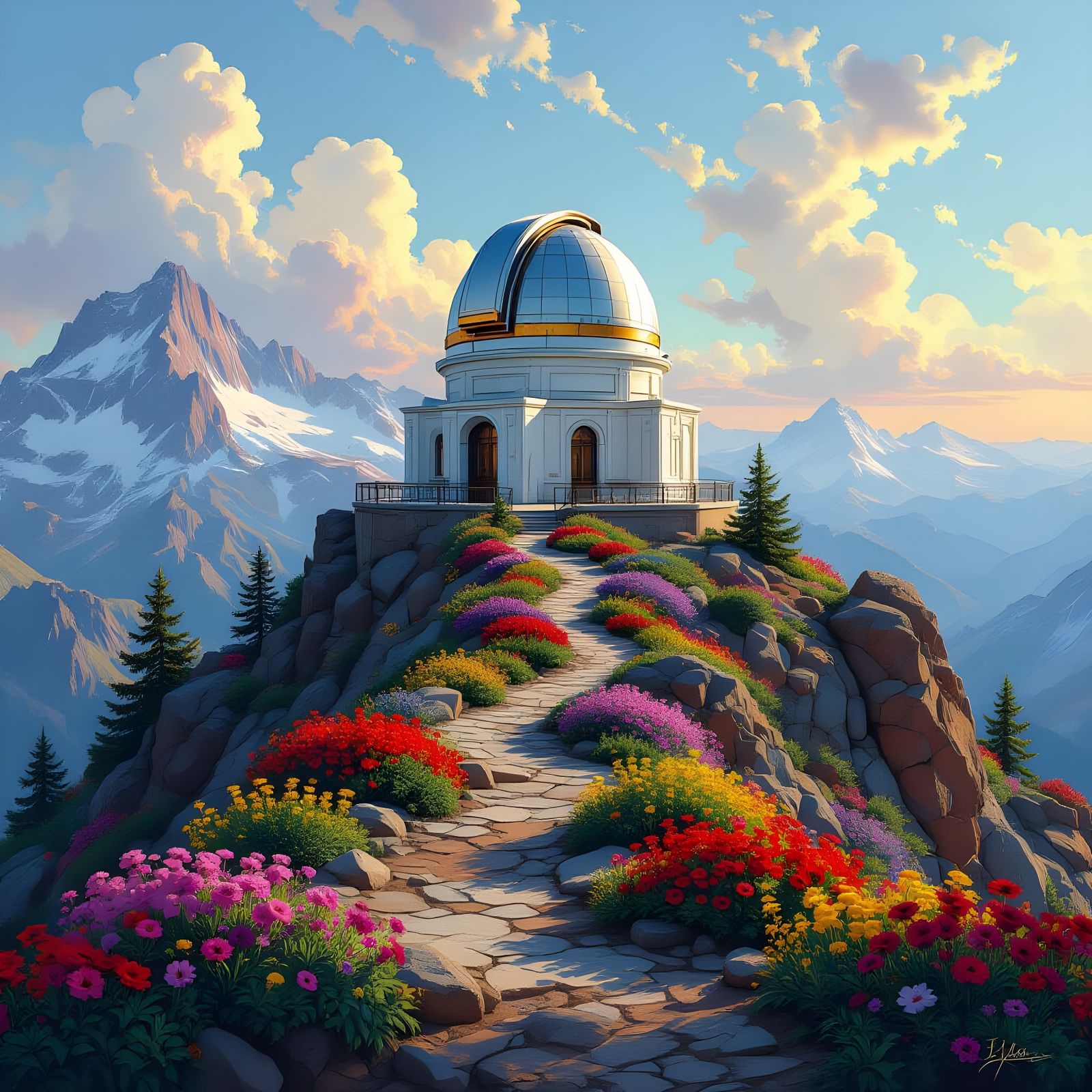 Observatory on Mountaintop Amidst Vibrant Flora