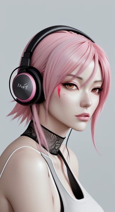 Anime Woman with Pink Hair Listening to Music