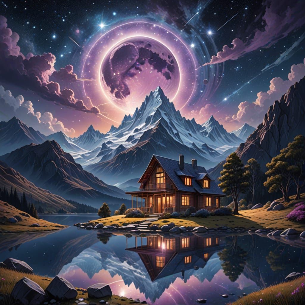 Ethereal Mountain Abode Under Starry Skies