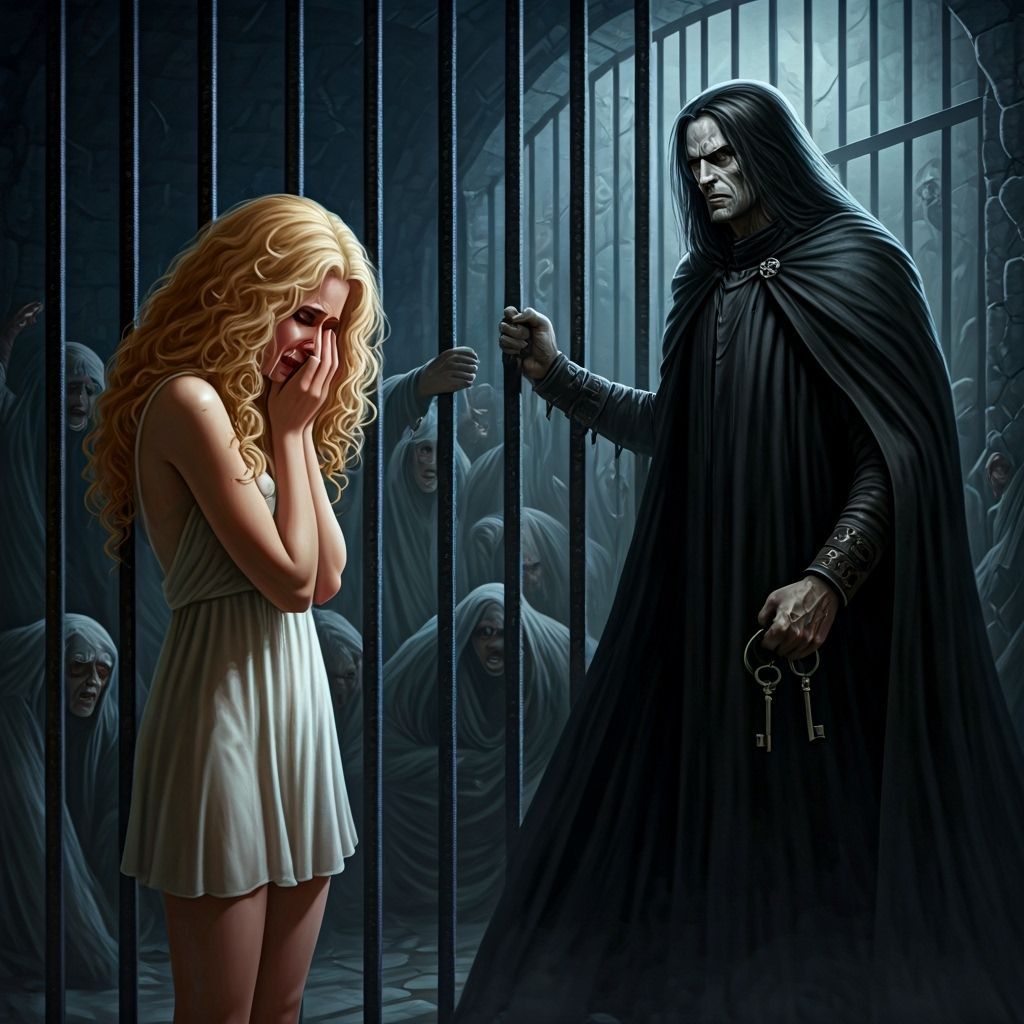 Woman Cries in Dark Castle Prison, Watched by Dark Figure