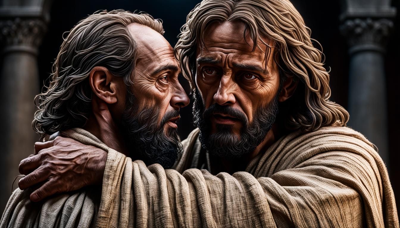 Judas Iscariot Hugs Jesus Christ: Hyperrealistic 8K Image