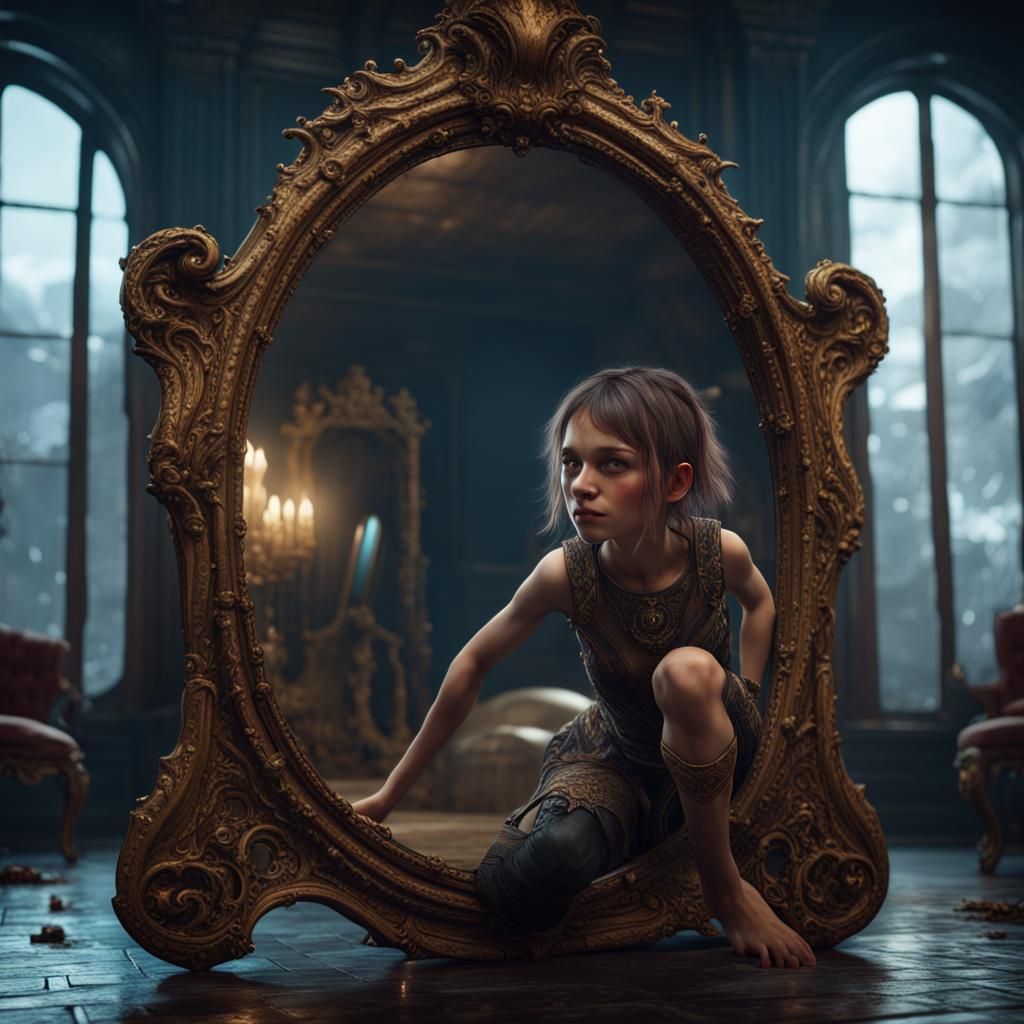 Girl Crawling Out of a Mirror in Detailed Matte Painting