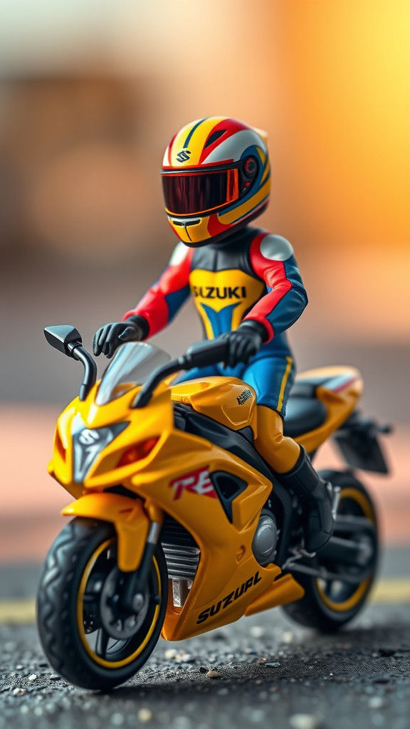 Miniature Racer on Toy Suzuki Motorcycle, Dynamic Photo
