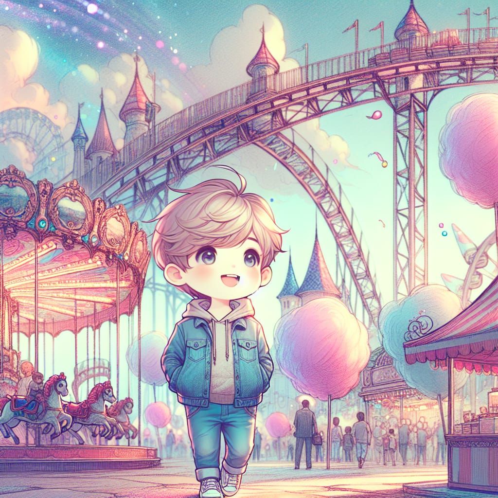 Boy's Whimsical Amusement Park Stroll in Freehand Style