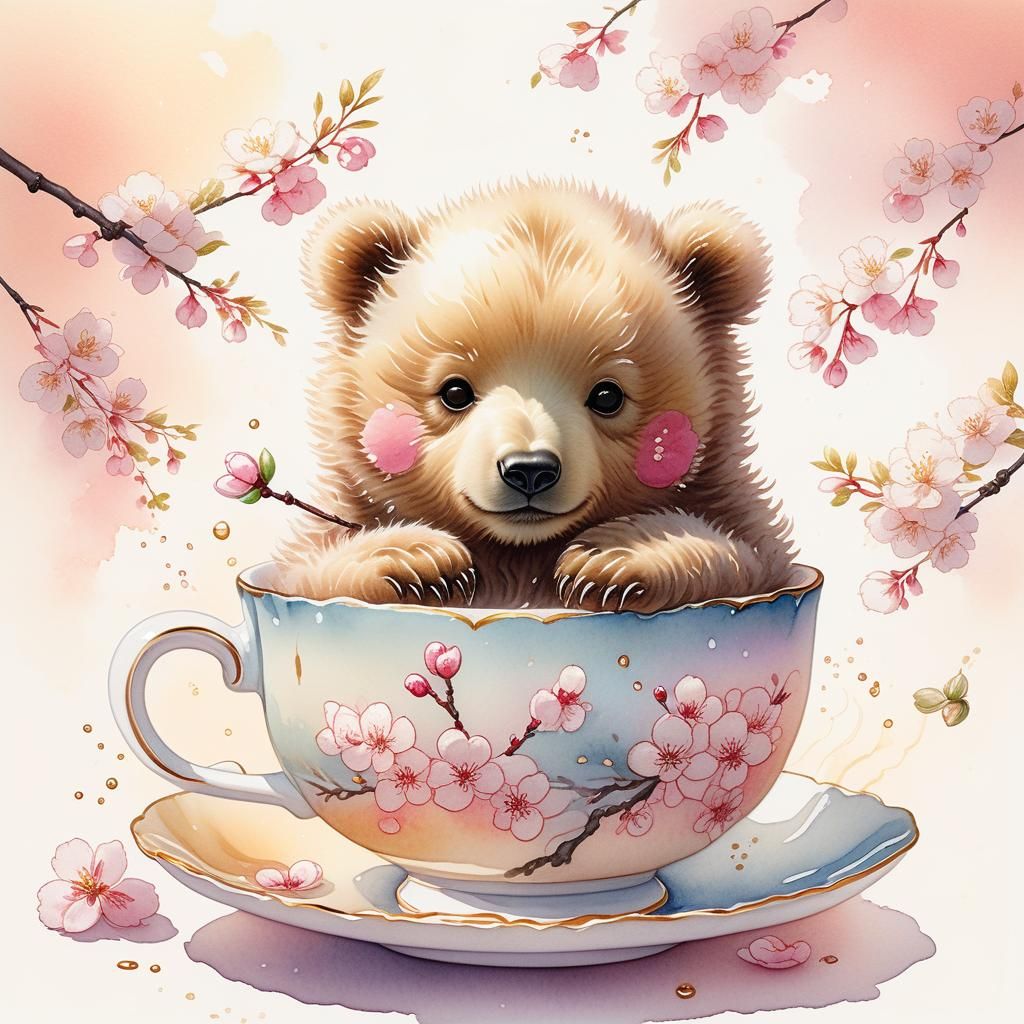 Kawaii Baby Bear in Teacup: Japanese Watercolor