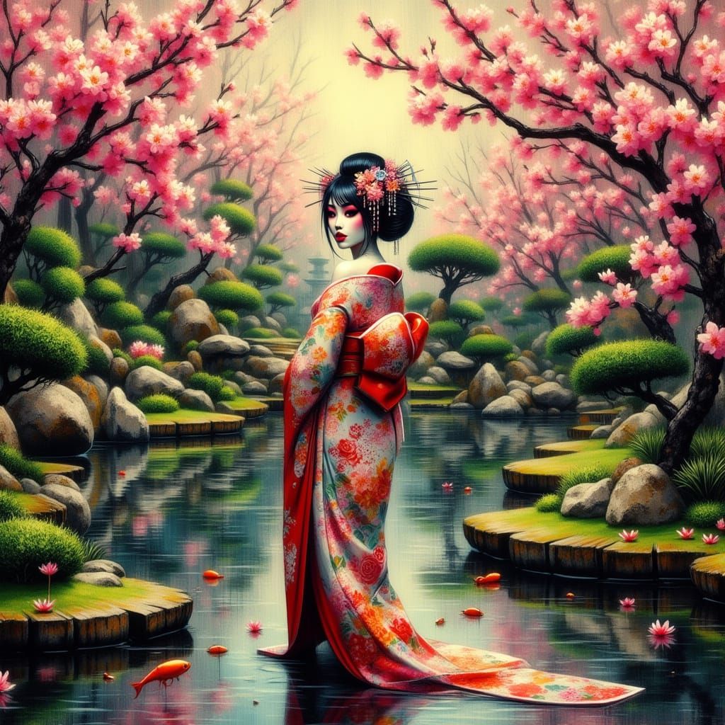 Elegant Geisha in Japanese Garden, Art Nouveau Style