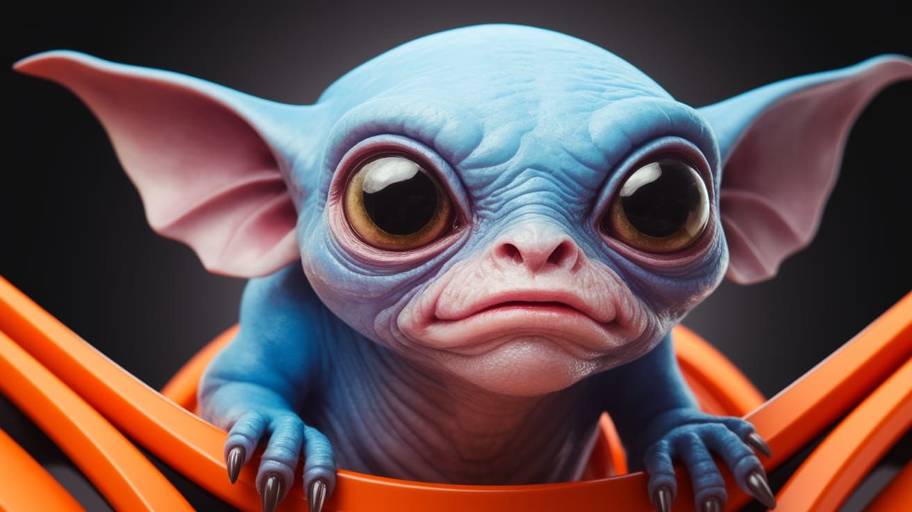 Surreal Blue Alien Creature Perched on Abstract Orange Surfa...