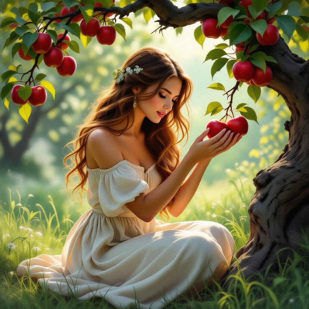 Enchanted Orchard: Woman Picking Apples in Ethereal Light