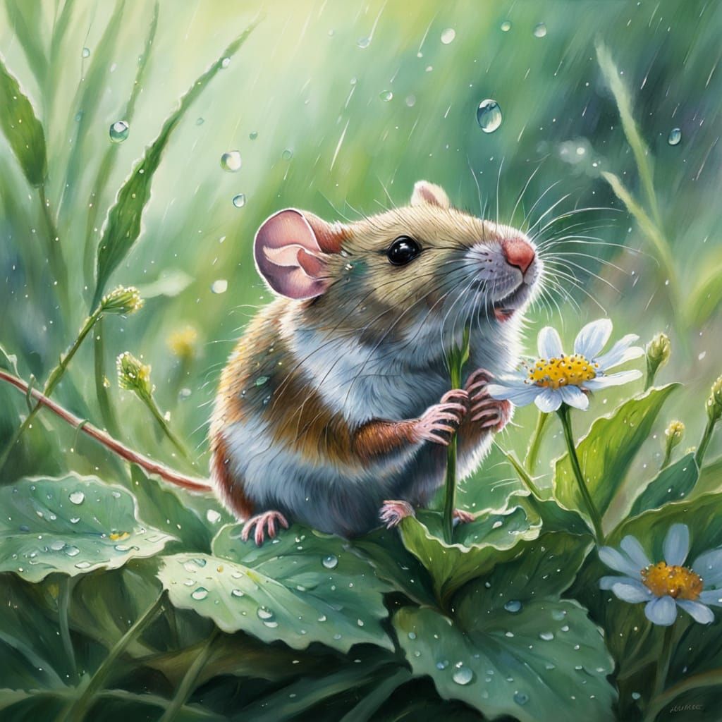 Impressionist Mouse and Wildflowers in Summer Rain