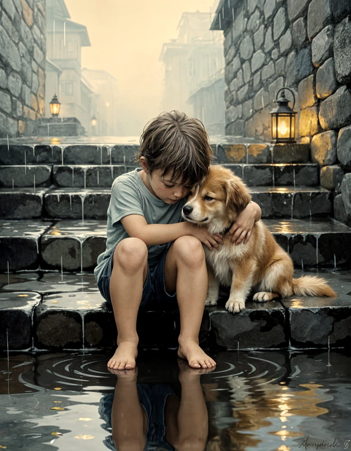 Child Finds Solace with Loyal Dog in Rainy Evening
