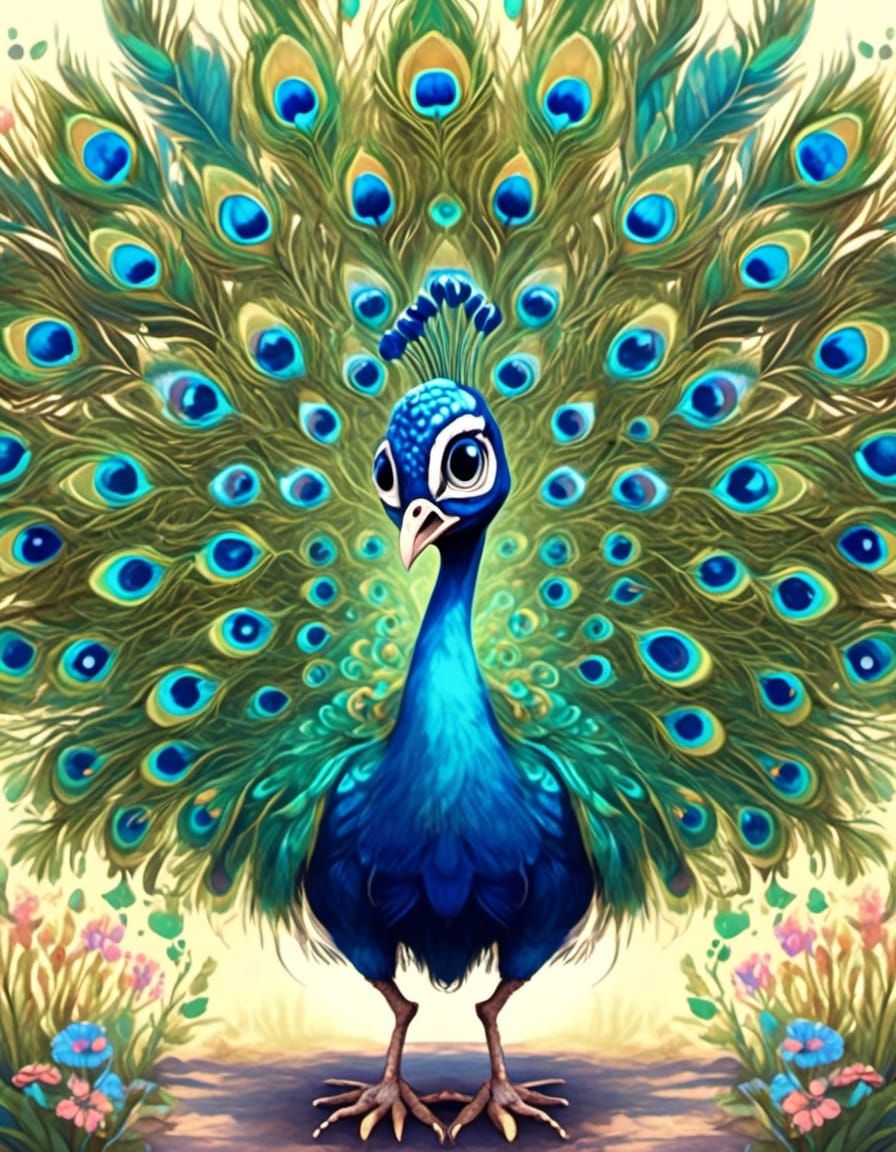 Cute Baby Peacock in Antique Watercolor Style