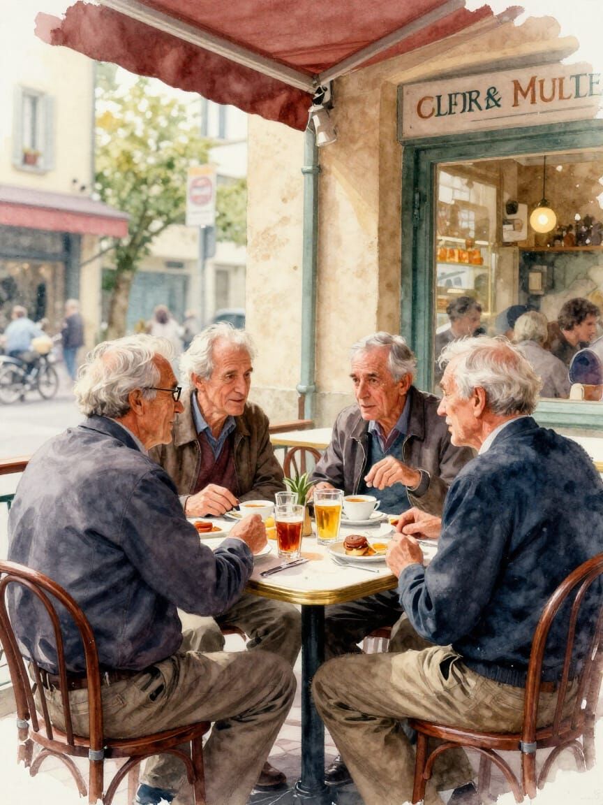Elderly Men Gossiping in Cafe Watercolor Landscape