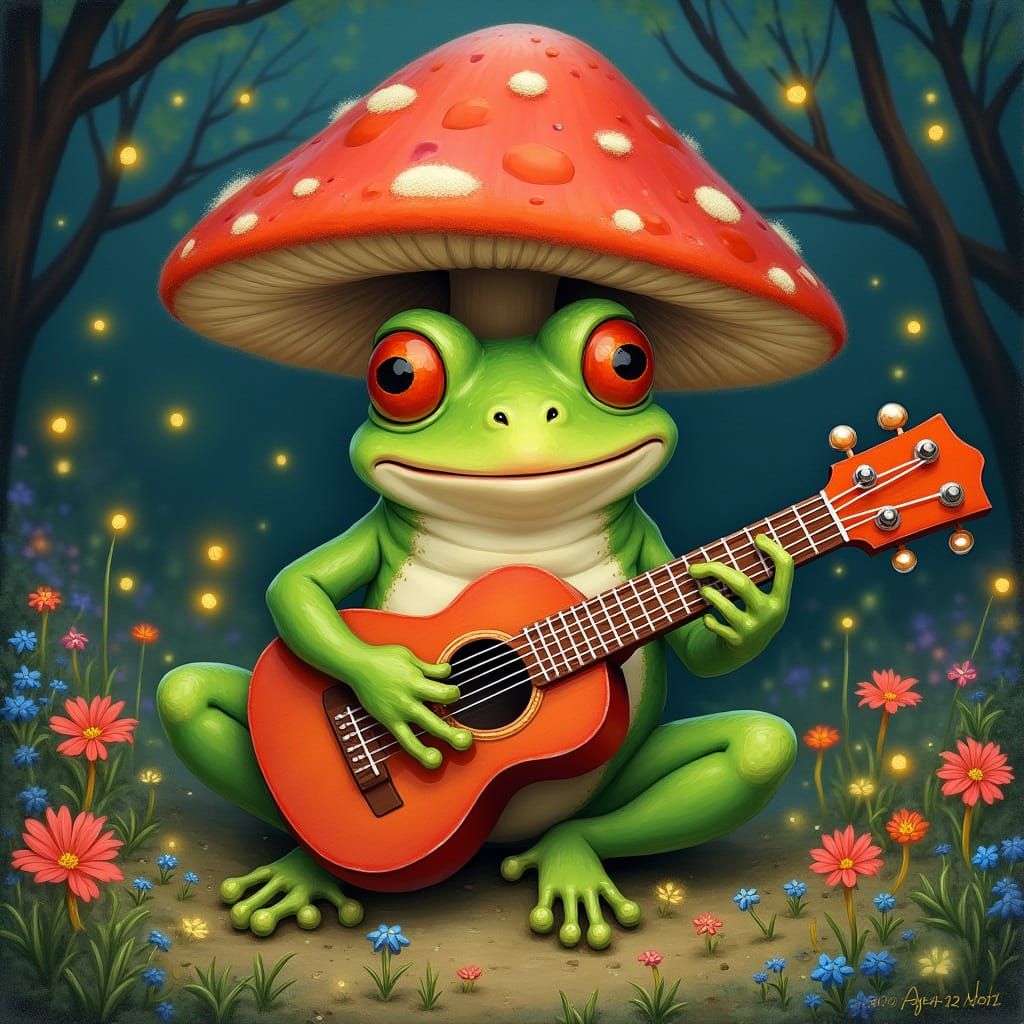 Frog's Ukulele Serenade in Whimsical Forest