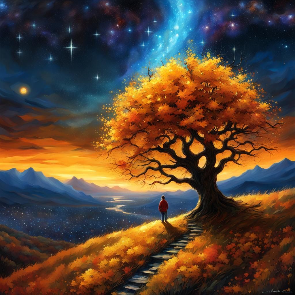 Cosmic Autumn Night: Detailed Matte Painting