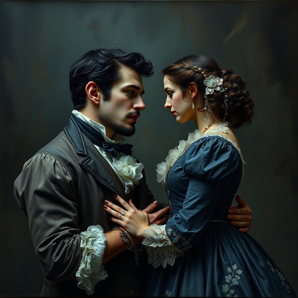 Man Beseeching Woman in Dark Academia Style