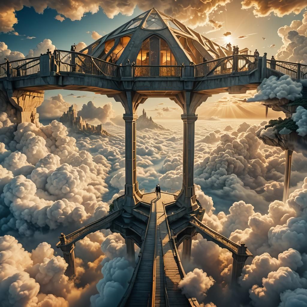 Surreal Hexagonal Bridge Rising from Clouds
