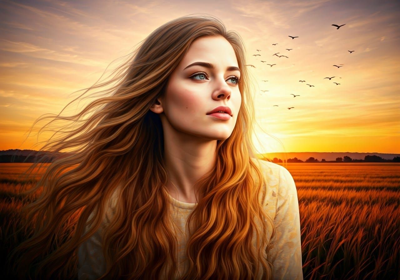 Ethereal Escape: Woman's Dreamy Flight with Birds