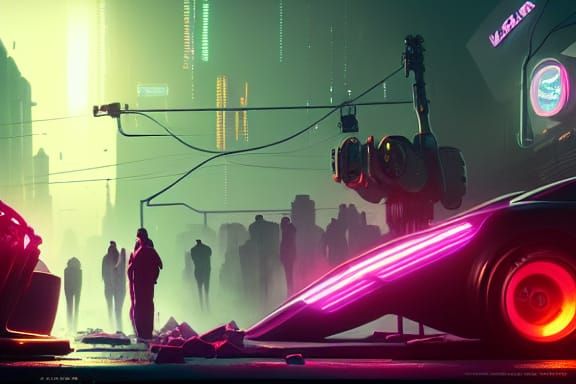 Neon Robot Graveyard in Cyberpunk Style