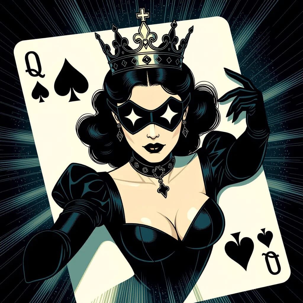 Queen of Clubs Emerging from Playing Card with Motion Blur