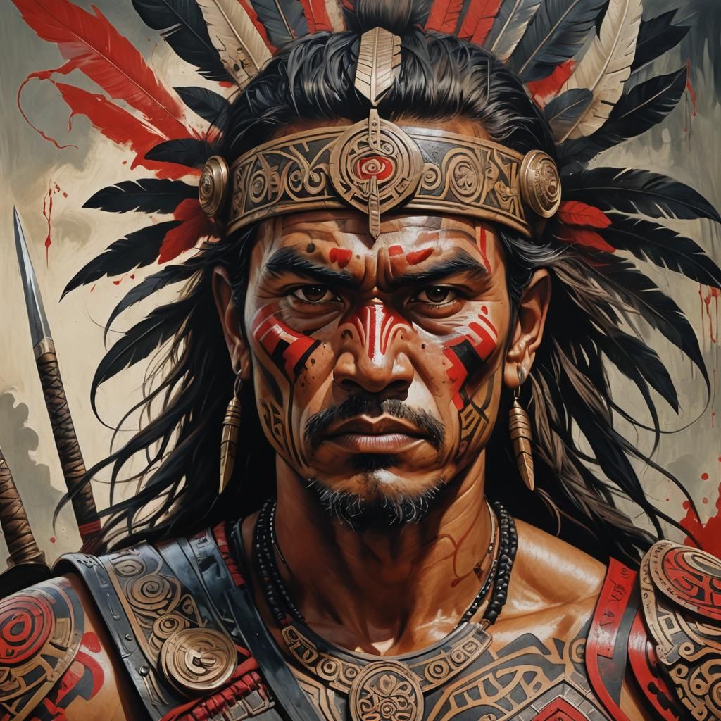 Fierce Maori Warrior Portrait in Tribal Art Style
