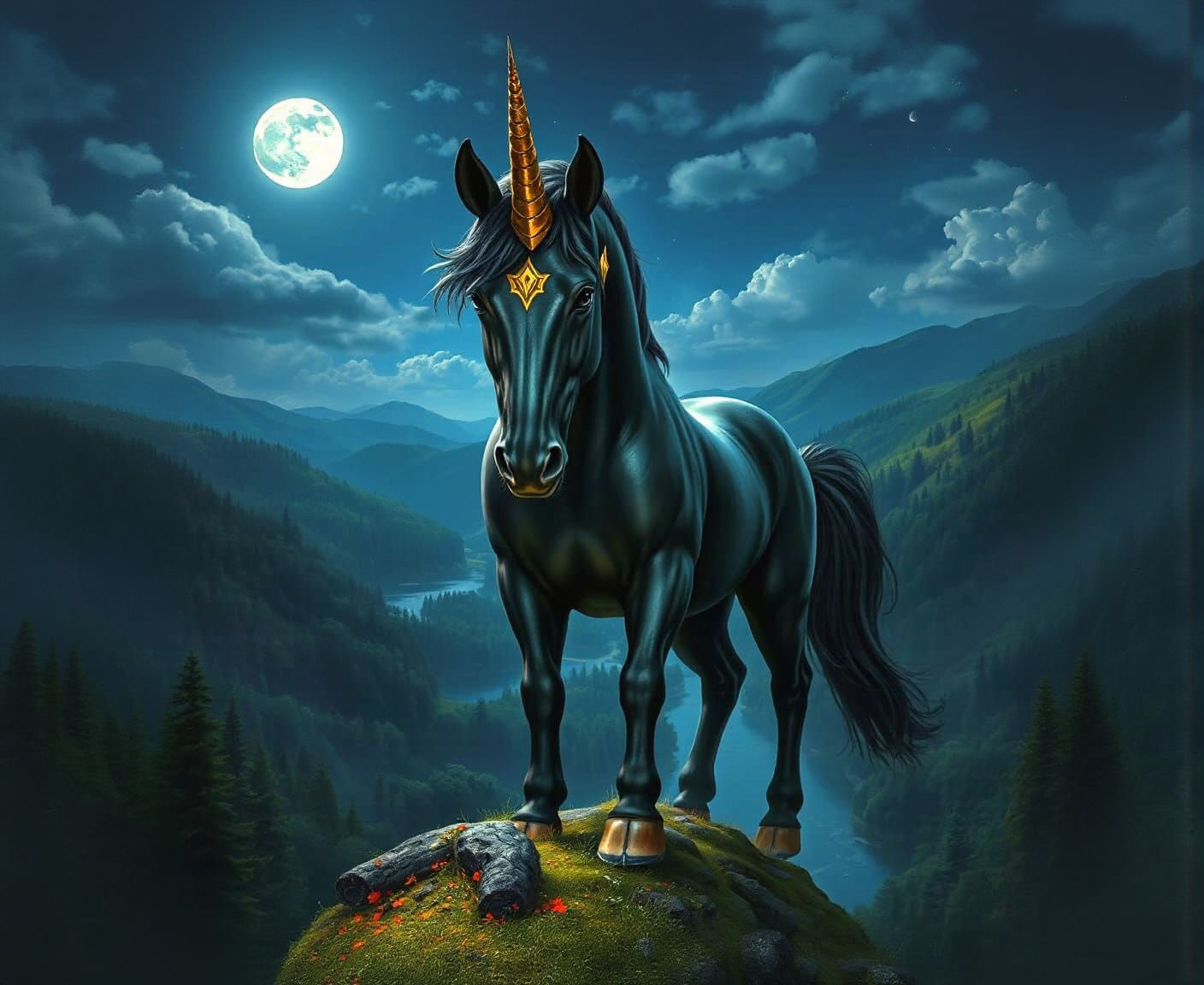 Black and Gold Unicorn Under Moonlight as Fantasy Art